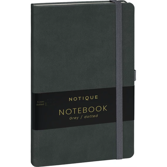 Keménytáblás notesz pontozott vonalozással krémszínű lapokkal leszorító gumiszalaggal Gray 130x210mm, Presco