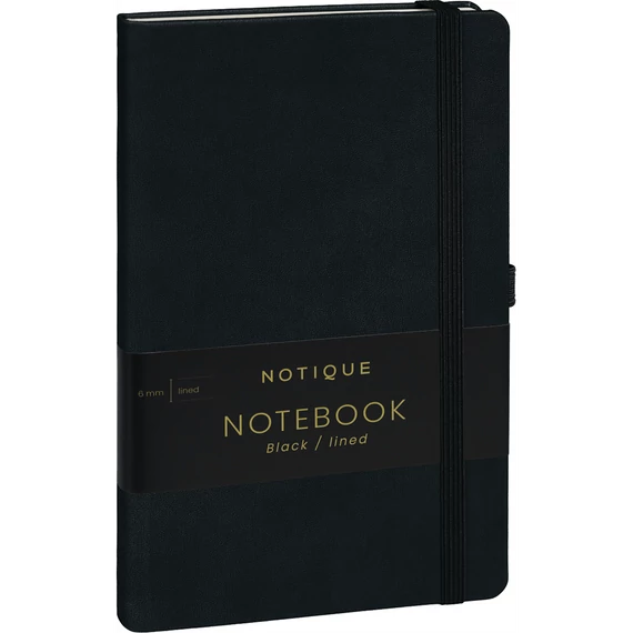 Keménytáblás notesz vonalas krémszínű lapokkal leszorító gumiszalaggal Black 130x210mm, Presco