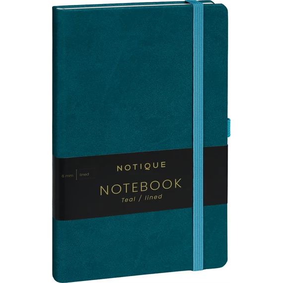 Keménytáblás notesz vonalas krémszínű lapokkal leszorító gumiszalaggal Teal 130x210mm, Presco